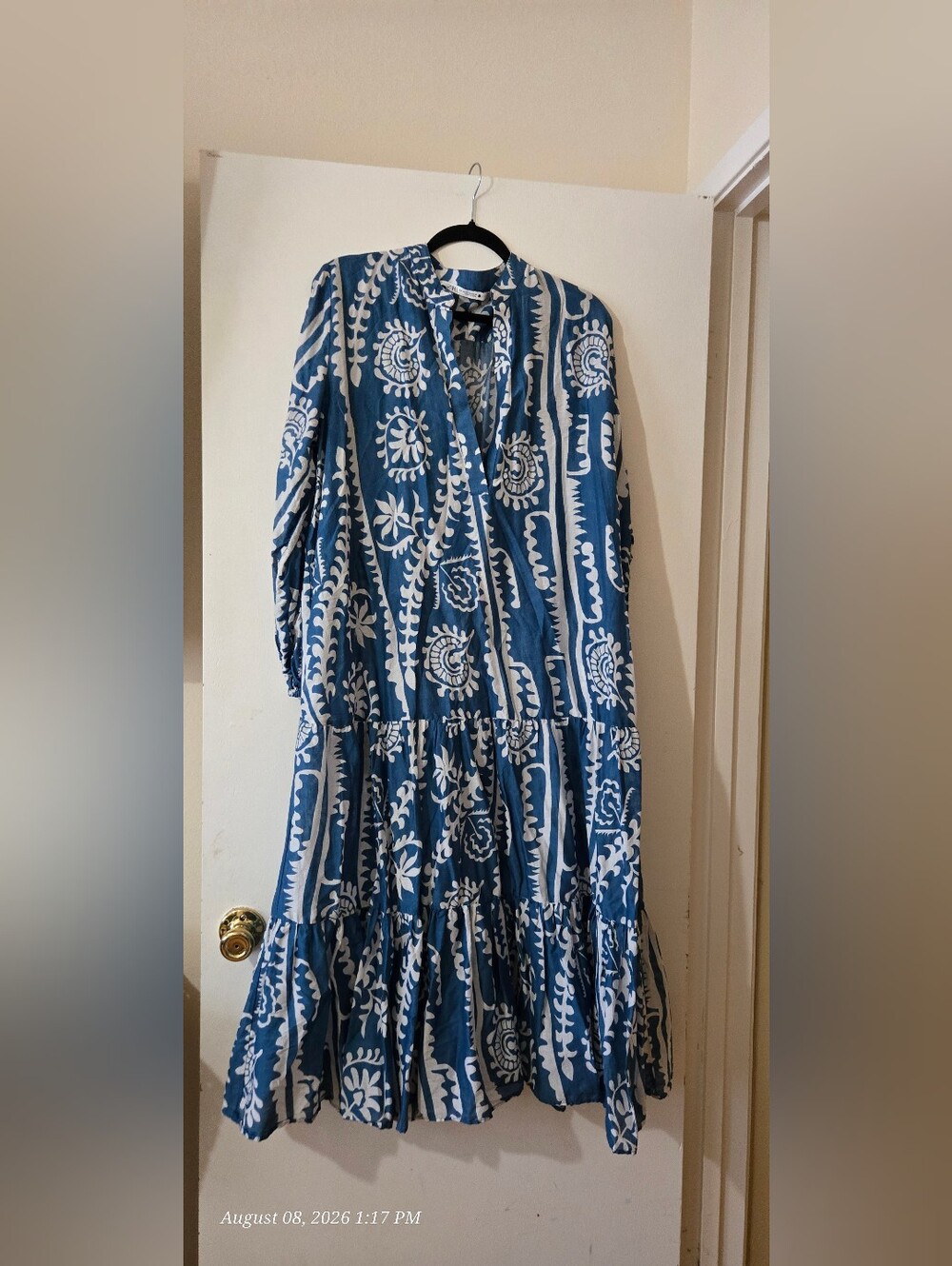 Zara Blue and White Printed Tiered Maxi Dress
